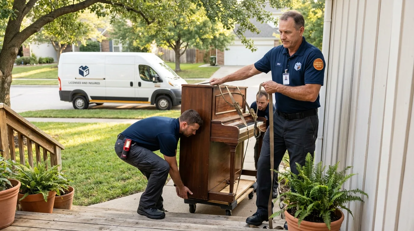 Licensed piano movers securing grand piano in Adamstown, PA