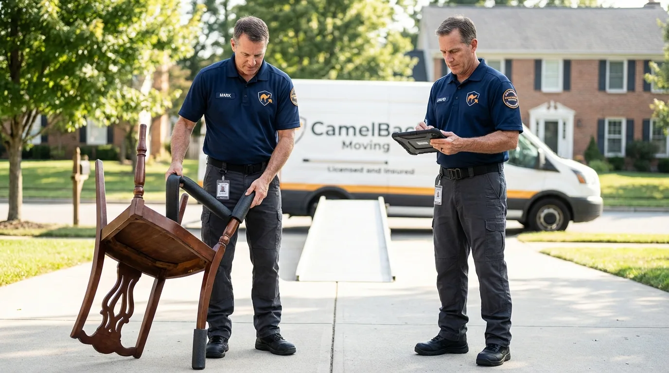 Movers inspecting furniture for damage prevention before loading in Adamstown, PA