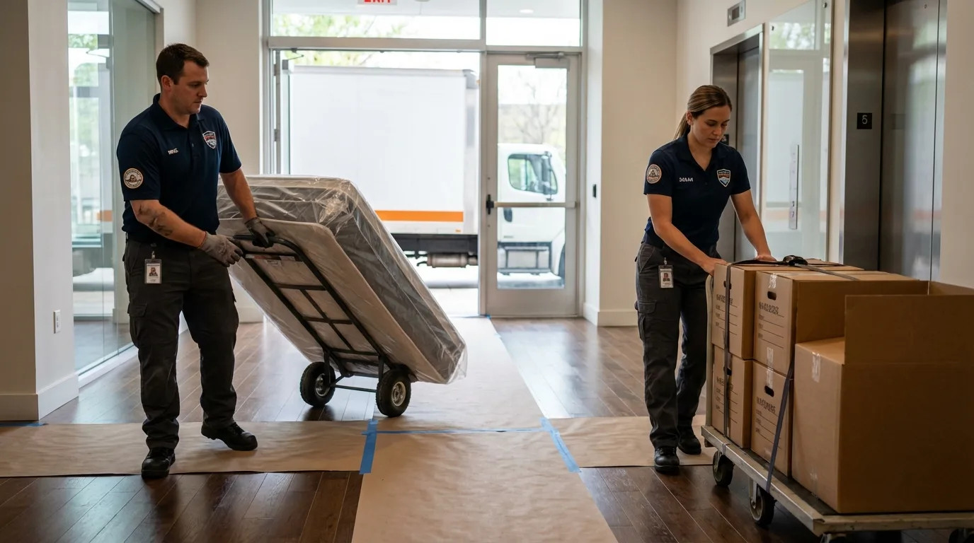 Professional apartment movers loading elevator in Adamstown, PA