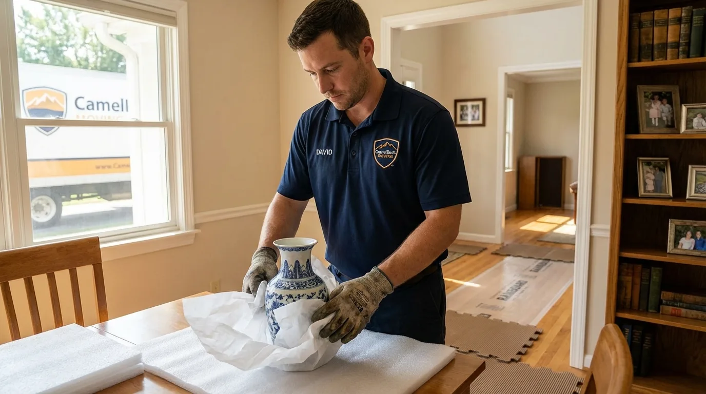 Professional crew carefully wrapping antique vase for senior downsizing move in Adamstown, PA